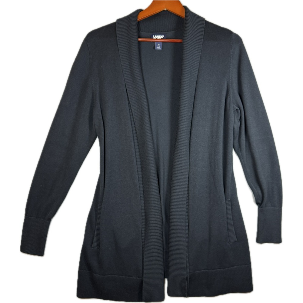Lands' End Cardigan Women Medium Black Open Front Pockets Ribbed Trim Classic